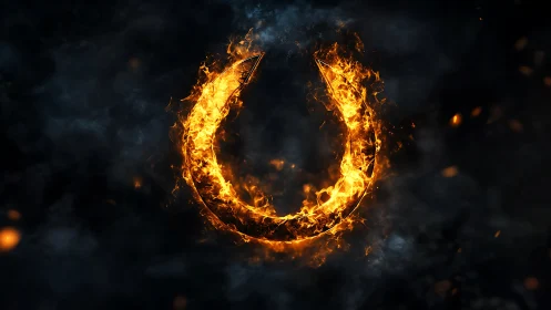 Incandescent U-shaped form engulfed in dynamic flame effects.