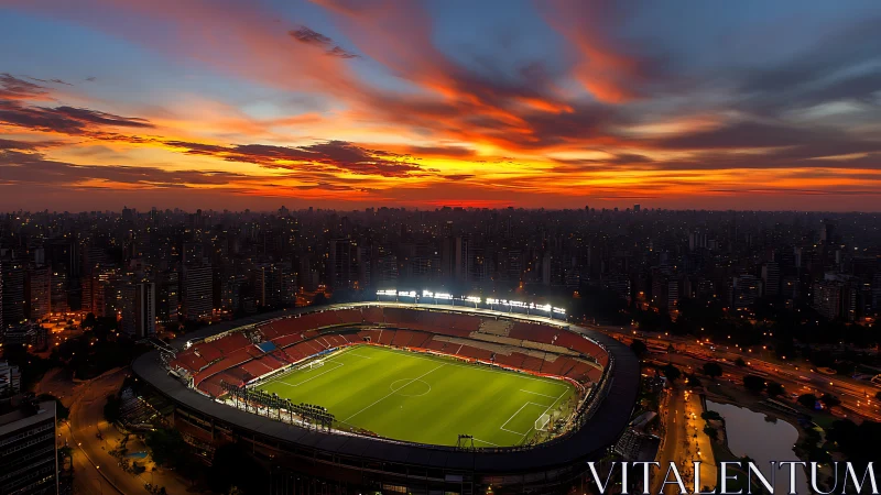Illuminated football stadium within dense city at dusk sky.