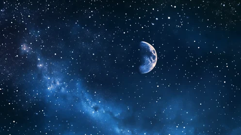 Gentle crescent moon drifting through a starry blue night.
