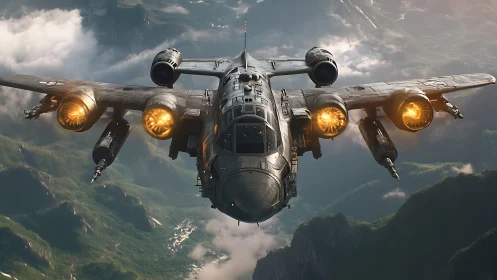 Twin-engine attack aircraft over mountainous terrain.