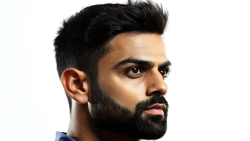 Side profile portrait of bearded man on white background.