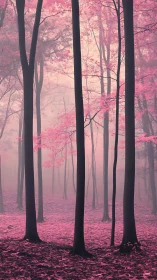 Misty Forest with Pink Foliage and Dark Tree Trunks
