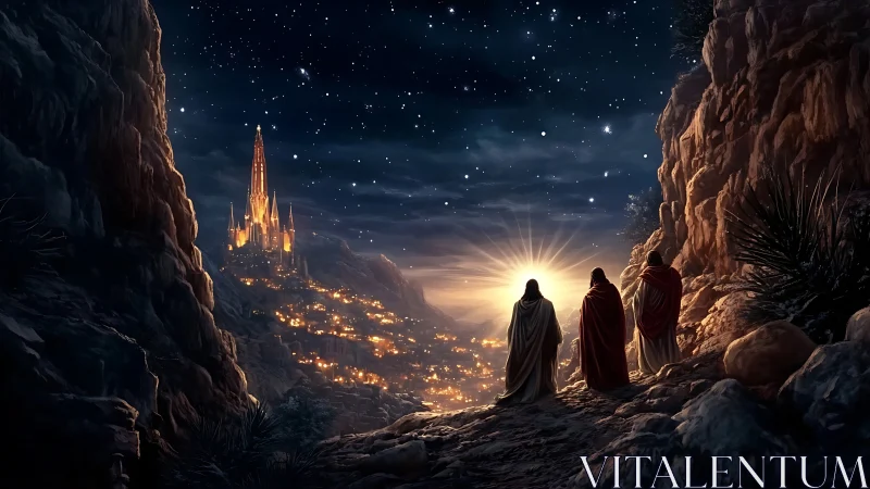 Starlit pilgrims behold a radiant citadel in midnight silence.