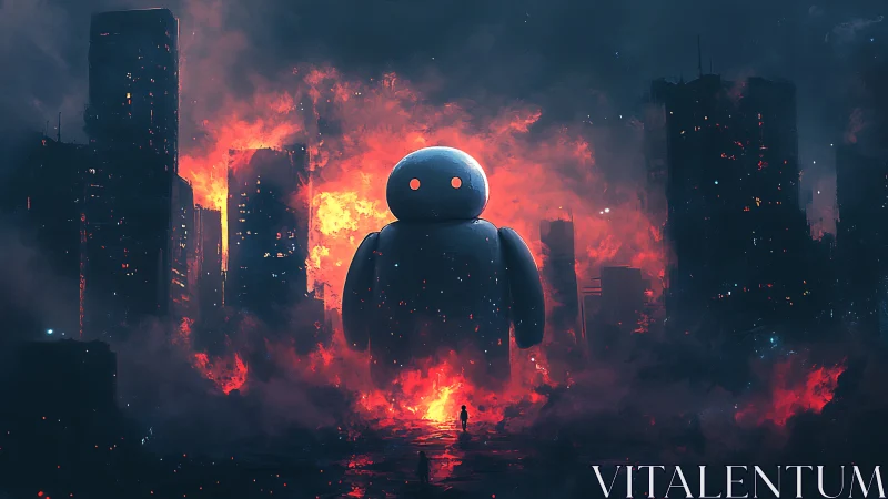 Gentle titan robot strolling through neon-torn apocalypse.