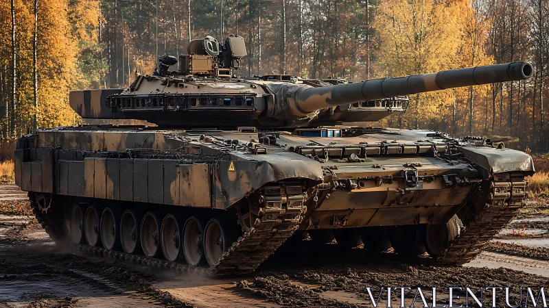 Steel behemoth rolls through autumn woods in armored silence.