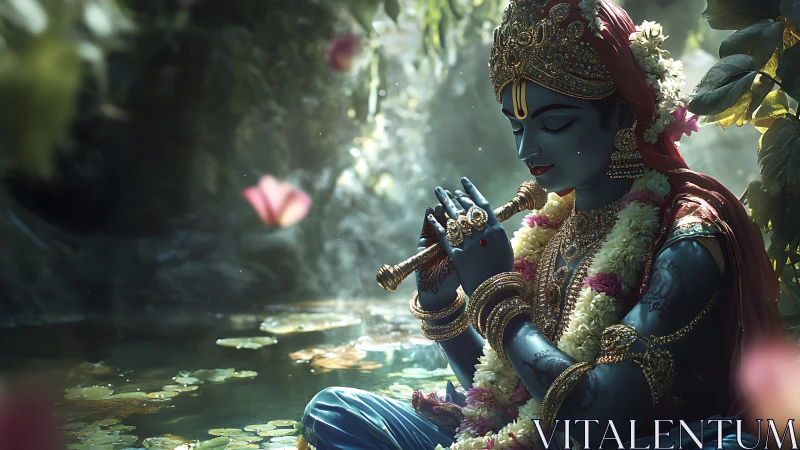 Blue skinned deity plays flute beside reflective lotus pond