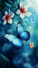 Iridescent blue butterfly drifting through luminous blooms.
