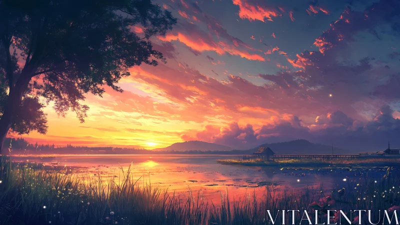 High-saturation lakeside sunset with atmospheric perspective and depth