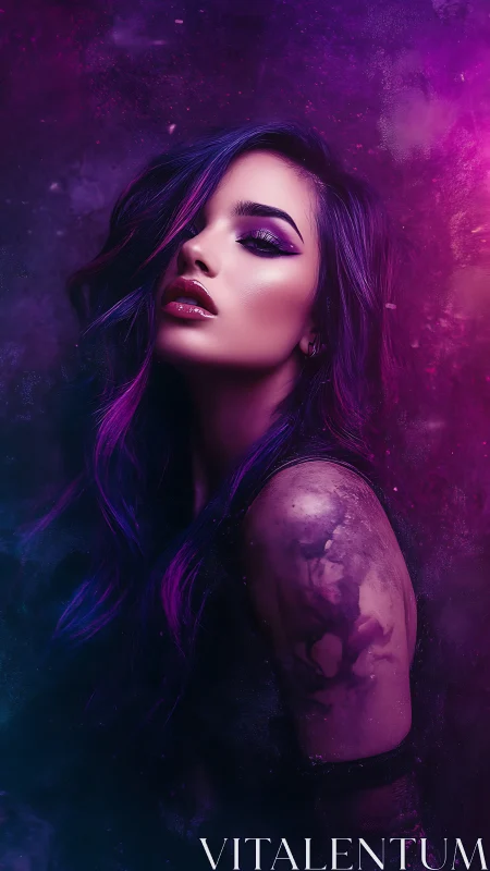 Neon-lit woman with violet hair bathed in cosmic glow.