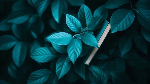 Botanical canopy concealing vertically oriented book spine.