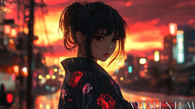 Young woman in kimono stands in rainy neon city at dusk