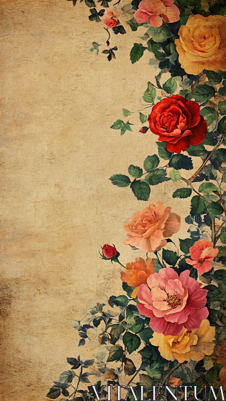 Vintage roses bloom along textured parchment background