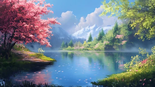 Spring mountain lake with cherry blossoms and soft mist.