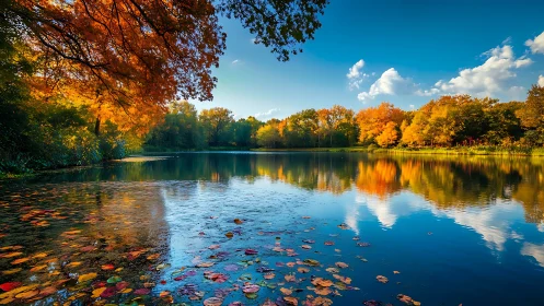 High-saturation autumn lake panorama with reflective foliage