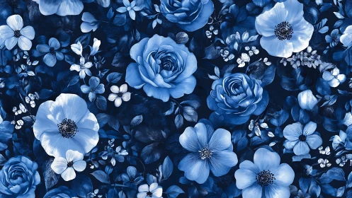 Blue Floral Composition with Roses and Mixed Blooms.