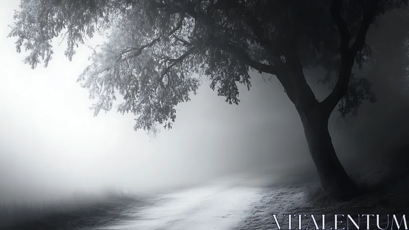 Solitary tree silhouettes above misted monochrome path.