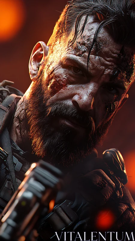 Battle-hardened hero framed in embers and quiet resolve.