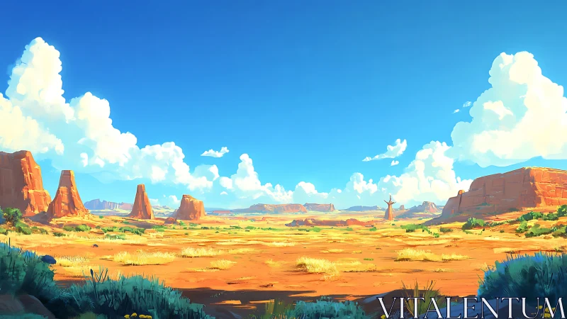 Sunlit stylized desert plateau with buttes and cumulus clouds