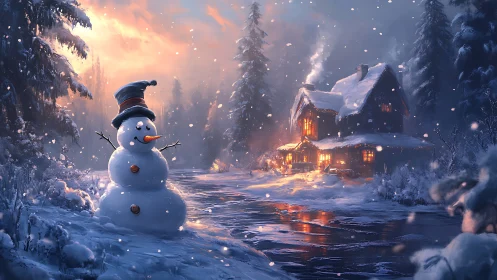 Snowman in snowy forest clearing near warm winter cabin.