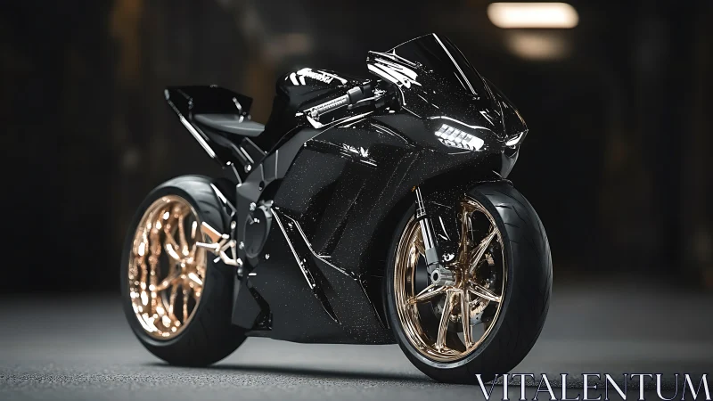 Midnight black sport bike with glowing gold street wheels.