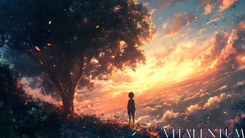 Child stands under glowing tree before vast sunset sky