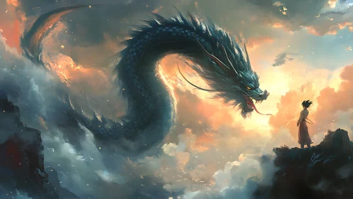 Skyborne dragon confronts lone figure over burning clouds