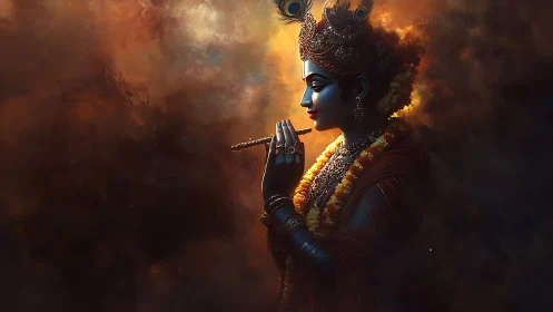 Divine flutist silhouette in luminous golden haze.