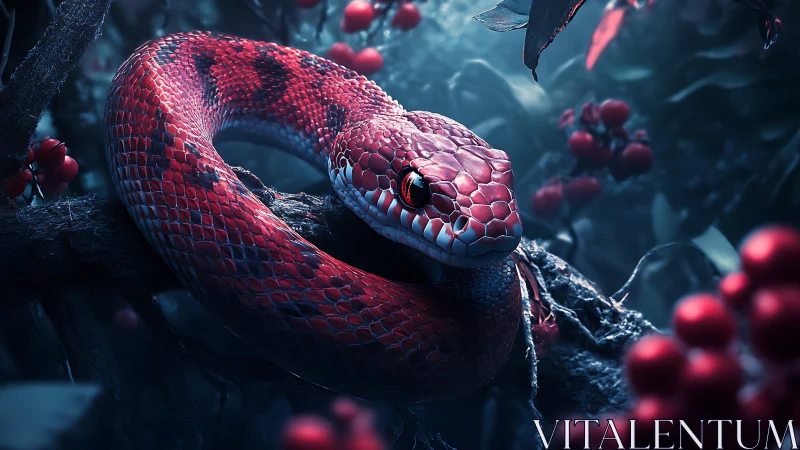 Crimson serpent coils in a moody, frost‑lit forest lair