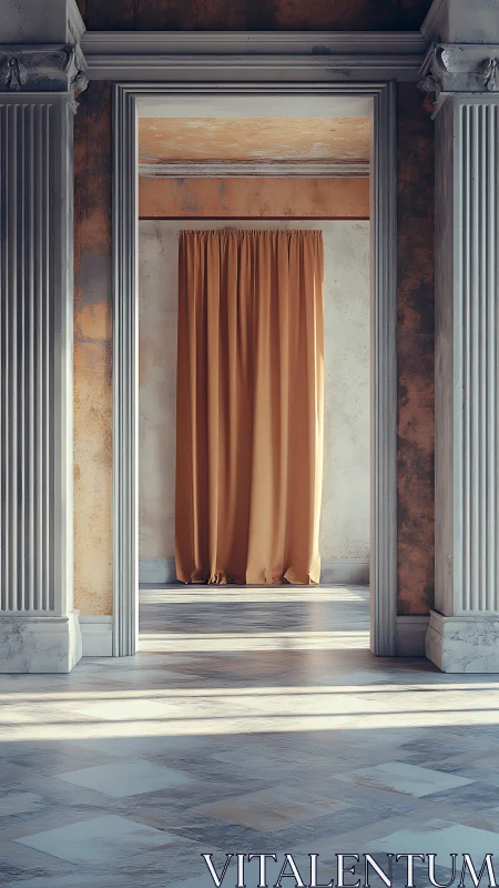 Sunlit neoclassical hall frames ochre curtain backdrop