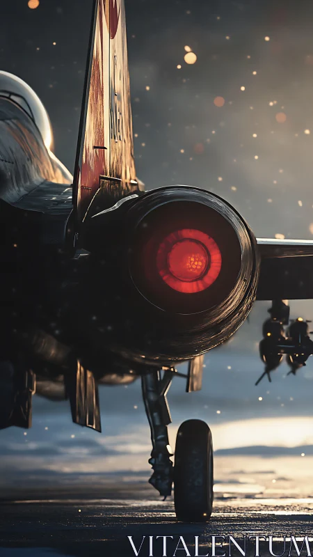 Afterburner-ready fighter jet tail in dusk rim lighting.
