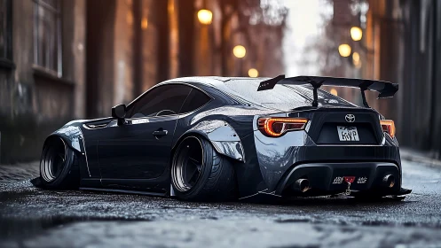 Widebody Toyota coupe dominates rain-soaked urban alley