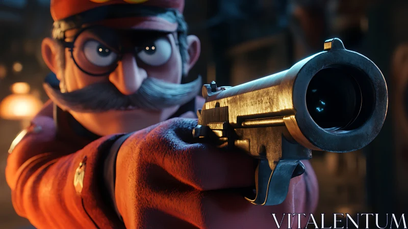 Cartoon mustached officer aiming large revolver forward.
