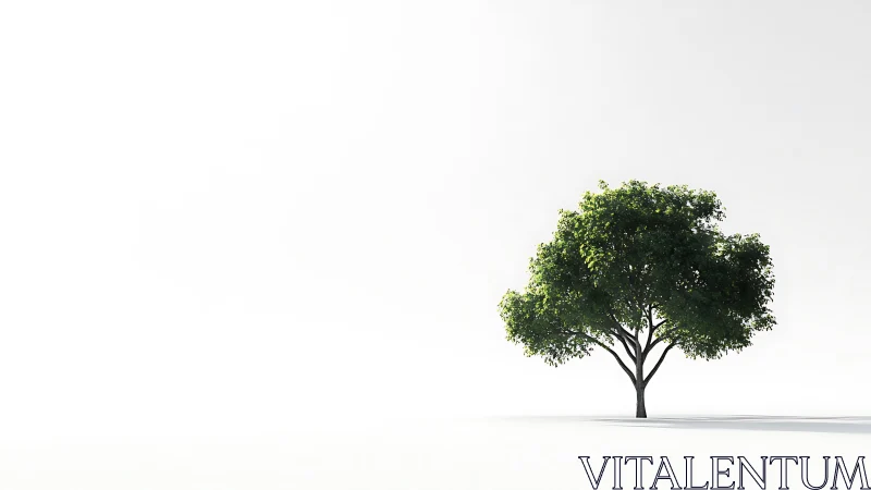 Solitary green tree on white minimalist landscape plane.