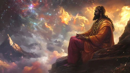 Cosmic sage in meditation above luminous mountain clouds.