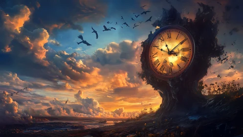 Surreal sunset sky frames ancient clock tree horizon.