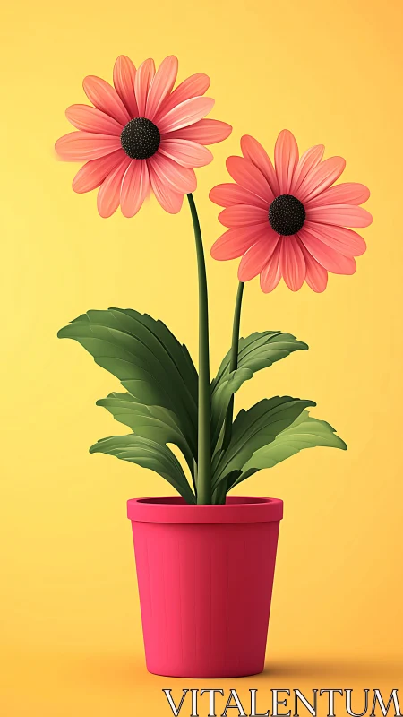 Two Pink Gerbera Daisies in Magenta Pot.
