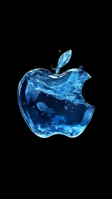 Liquid sapphire apple splash frozen in glossy midnight space.