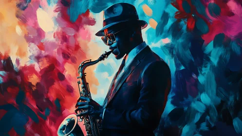 Jazz saxophonist in suit against bold abstract colors.