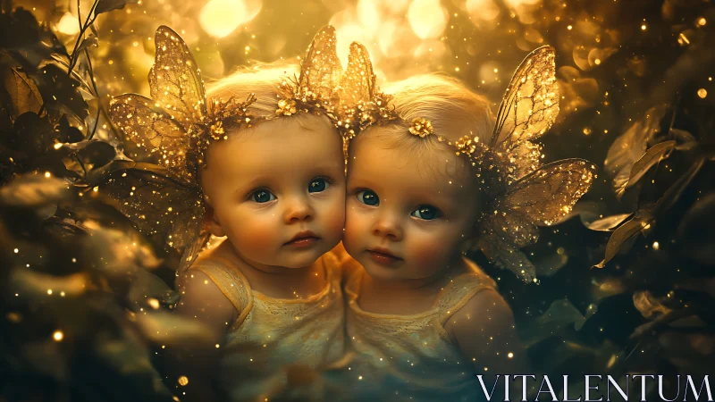 Golden forest fairy twins in luminous enchanted glow.