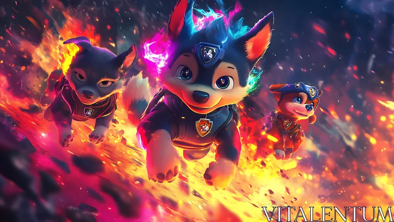 Cartoon rescue puppies running through stylized fiery scene