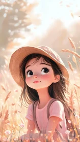 Sunlit girl in straw hat within glowing wheat meadow.
