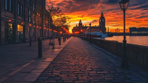 Waterfront promenade at sunset with city clock towers.
