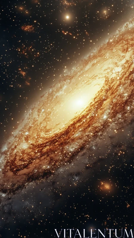 Spiral galaxy glows with golden core amid dense starfield.