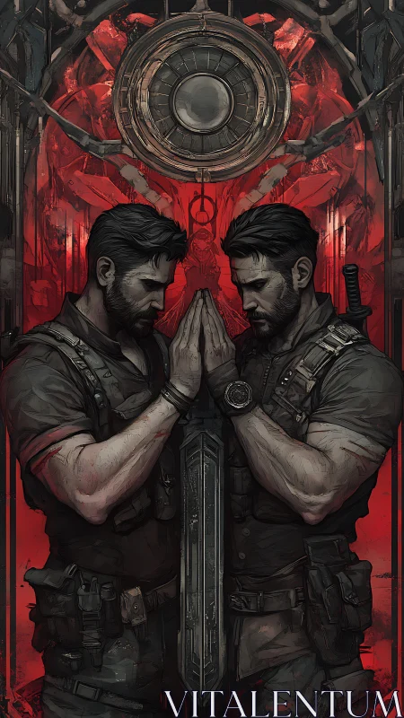 Mirrored tactical operatives bracing a central broadsword reliquary.