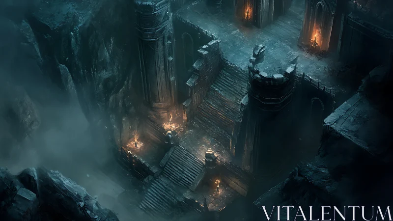 Subterranean citadel stairs in fog-drenched torchlight geometry.