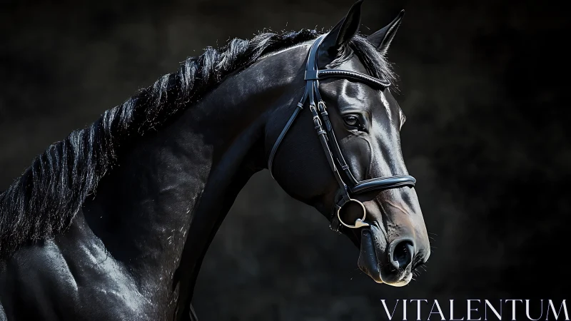 Black dressage horse portrait uses high-contrast studio lighting
