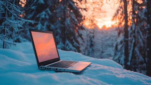 Ultrabook on snowbank reflecting vivid winter forest sunset