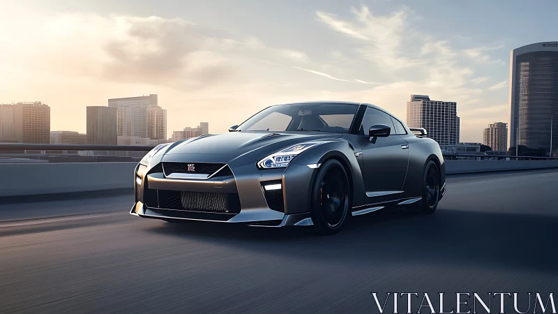 Sleek sports car powers along a city freeway at golden hour