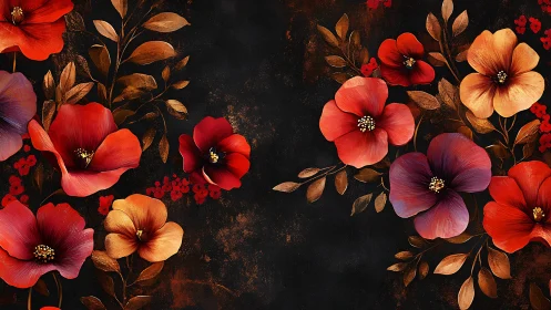 Luxe Floral Composition: Red Blooms Against Oxidized Dark Ground.