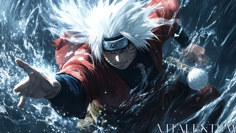 Dynamic anime warrior traversing turbulent aqueous vortex field.